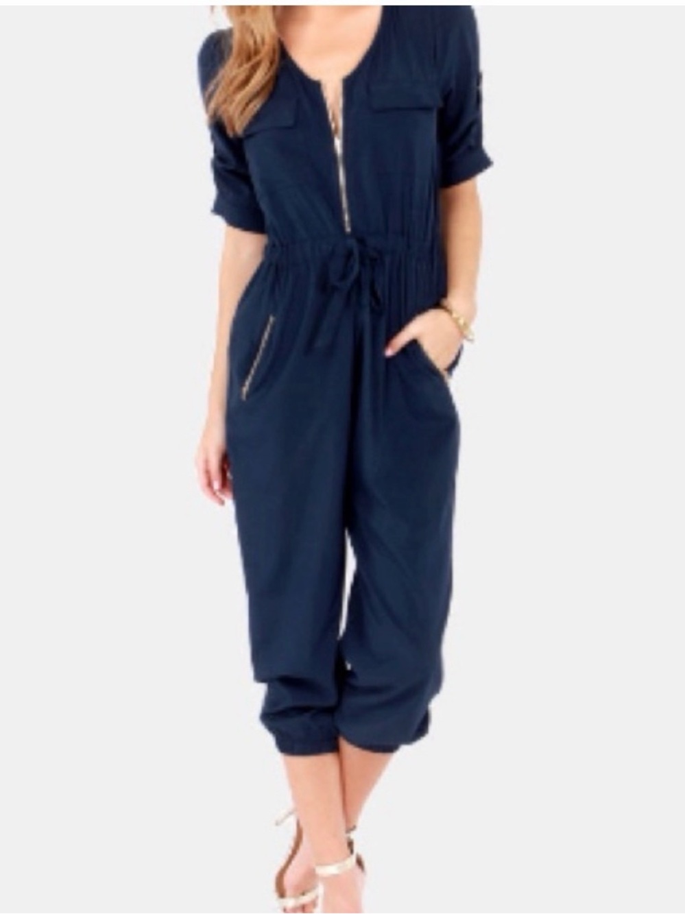 NWOT Womens YA Las Angeles Navy Zip-Front Jumpsuit with Drawstring Waist